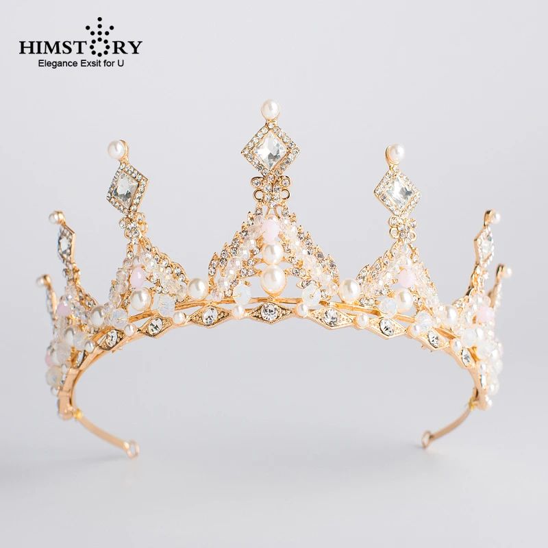 

HIMSTORY Elegance Gold Bridal Queen Princess Pageant Tiaras Crown Wedding Bridal Beaded Pearl Wedding Hair Jewelry Accessories