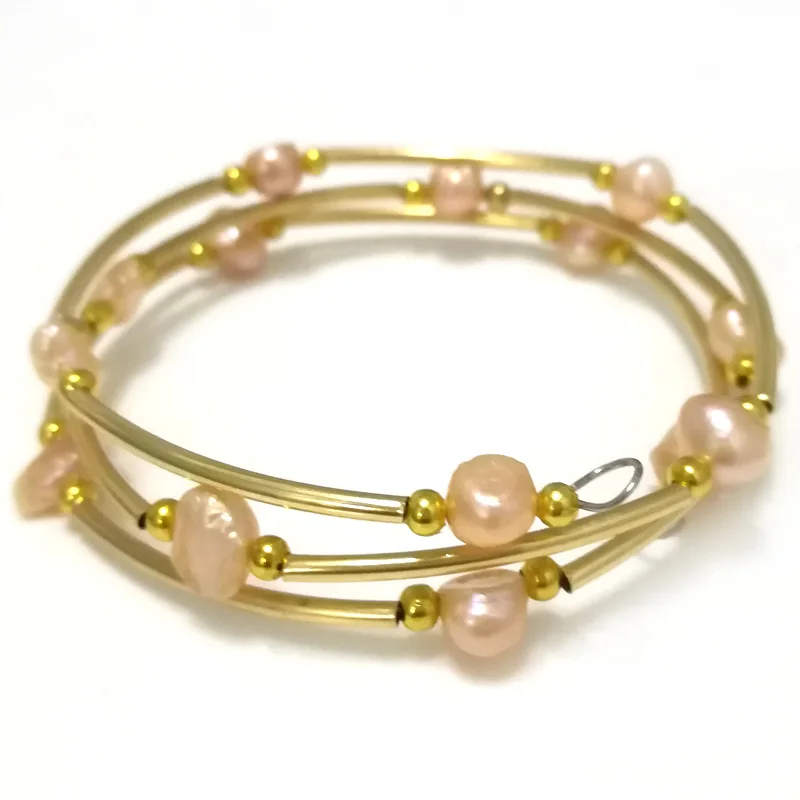 

7.5-8 inches 8-9mm Natural Pink Baroque Freshwater Pearl Women Memory Wire Wrap Bracelet