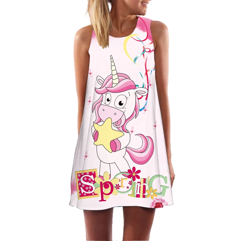 RAISEVERN Women Summer Dress Plus Size Loose 3D Leaf Unicorn Sleeveless Beach Style Ladies New Casual Roun Neck Vestidos | Женская