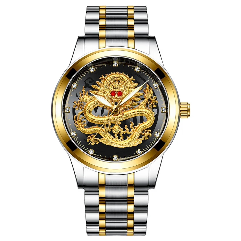 tone gold black Модные Повседневные часы для мужчин водонепроницаемые Бизнес Кварцевые часы люксовый бренд Стразы красные глаза часы с изображением дракона Relojes Hombre - Цвет: tone gold black