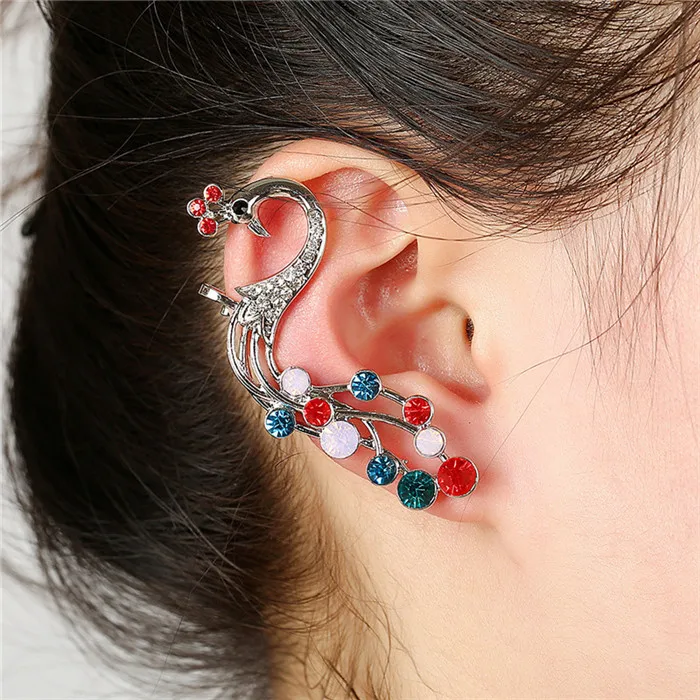 silver right ear 1 шт. европейские серьги с переливающимися павлинами и птицами для женщин, ювелирные изделия для девочек, золотые, серебряные цвета, панк серьги-гвоздики, серьги с кристаллами E238 - Окраска металла: silver right ear