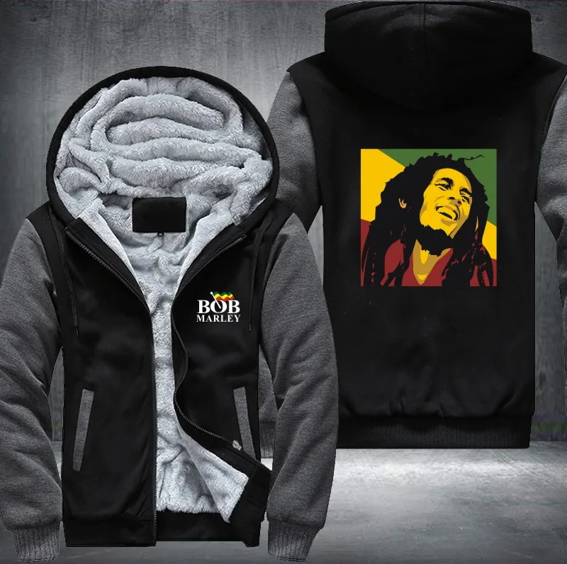 New Bob Marley Men Hoodies Winter Jacket Thicken Fleece Zipper Hip Hop Sweatshirt USA size Plus | Мужская одежда