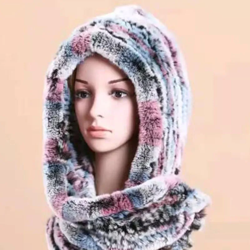 Женская шапка, настоящая вязаная шапка из меха кролика Рекс, шарф с капюшоном, Длинная зимняя теплая меховая шапка с шейным воротником, шарфы - Цвет: as picture