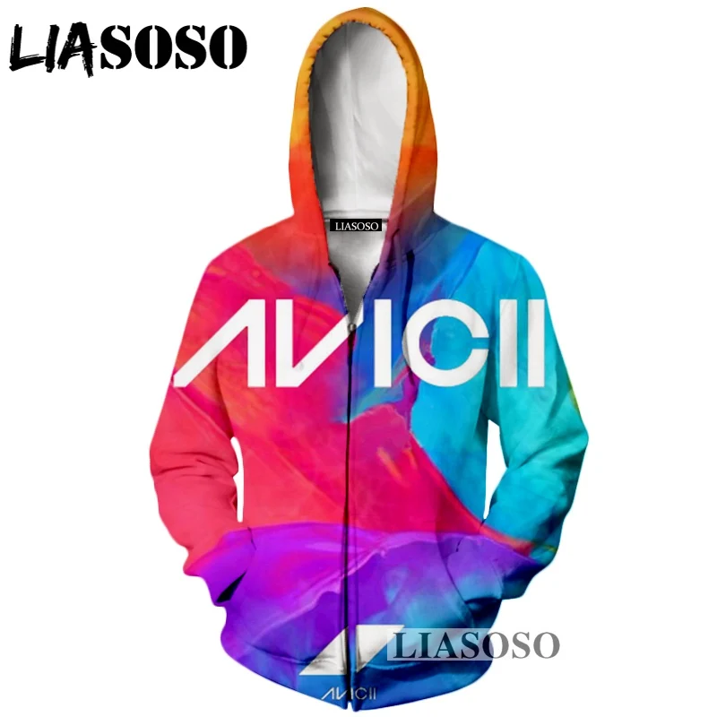 LIASOSO Новая мода Для мужчин Для женщин 3D принт DJ певица Avicii молнии с капюшоном унисекс Повседневное с длинными рукавами пальто хип-хоп толстовка a029-08