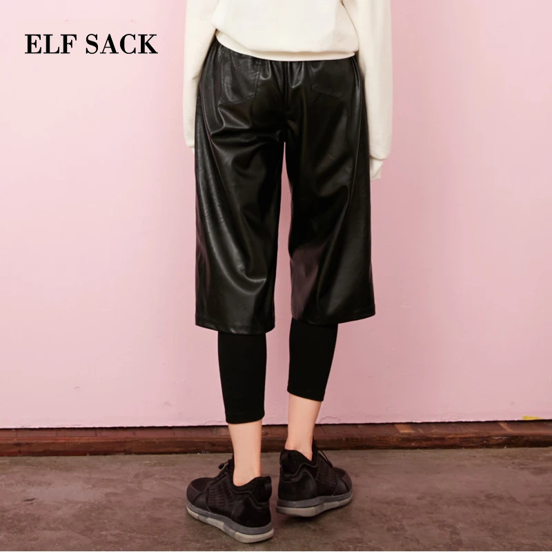 ELFSACK осенние брюки костюмы искусственная кожа короткие и леггинсы черные