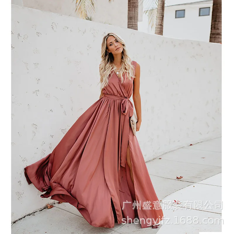 Желтое пляжное платье Boho Лето женское ремень Сплит длинный макси платье зеленое плиссированное платье женские платья в богемном стиле для женщин - Цвет: Розовый