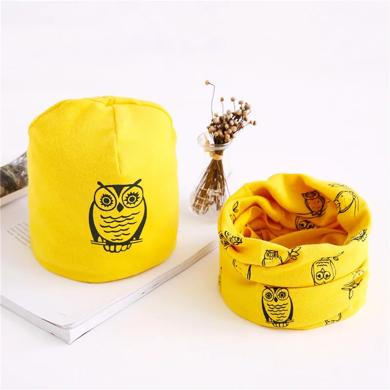 owl yellow set Коллекция года, весенний комплект для девочек, шапка, шарф, теплый плюшевый Комплект для мальчиков и девочек, шапка с воротником, детский шарф, детская шапка, шапочки, хлопковая детская шляпа, шарф - Цвет: owl yellow set