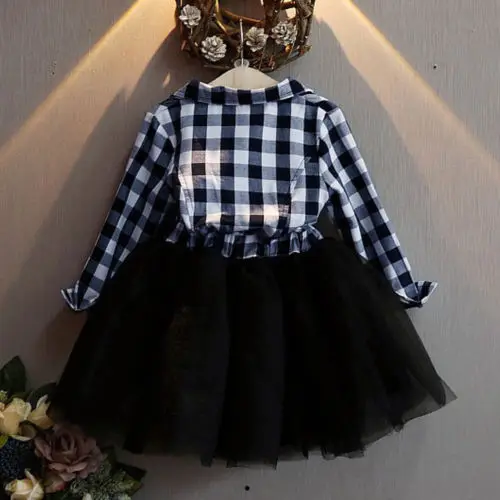 Модное клетчатое платье-пачка с вуалью для девочек на весну-осень маленькой