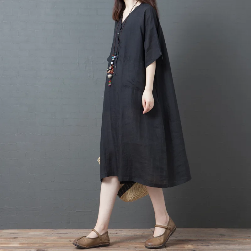 Повседневное летнее платье с v образным вырезом свободное однотонное обычное