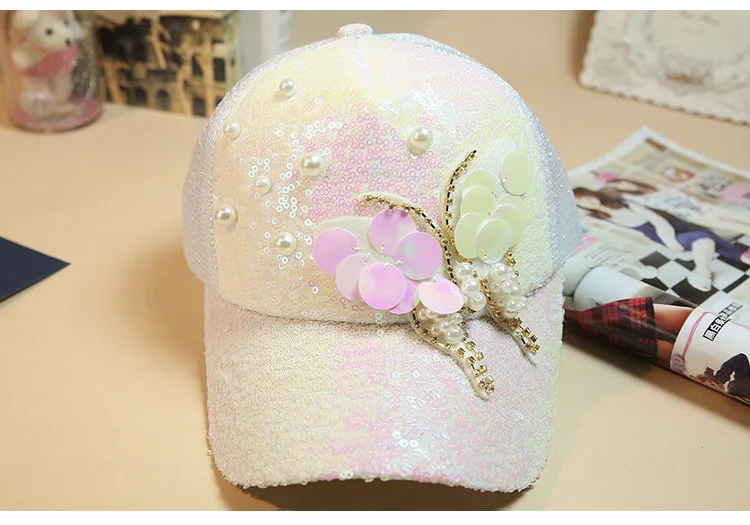 Роскошные Для женщин Бейсбол Кепки Марка Bling бабочка жемчуг Блёстки хип-хоп Кепки Винтаж на кнопках сзади Дизайн Кепки Повседневное snapback hat