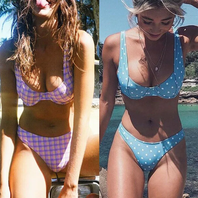 Сексуальный женский комплект бикини с пуш ап бандажный клетчатый купальник в