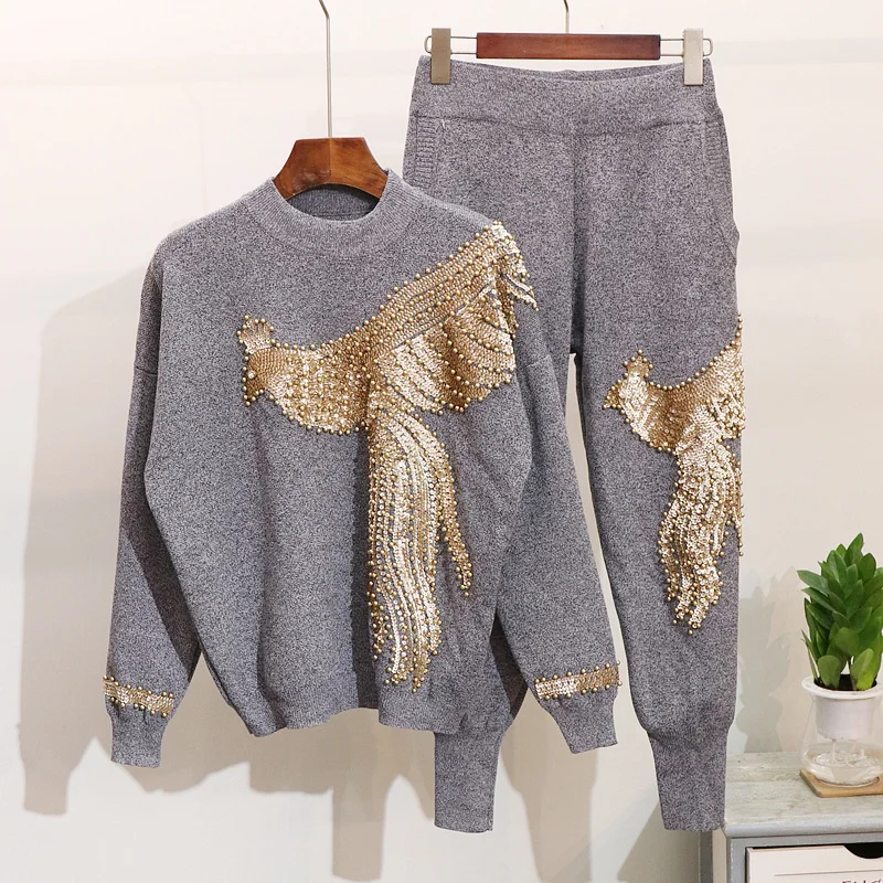 Autumn Women 2 Pieces Sweater Suits Handmade Beading Sequined Phoenix Pattern Knitted Pullover Tops Casual Trousers