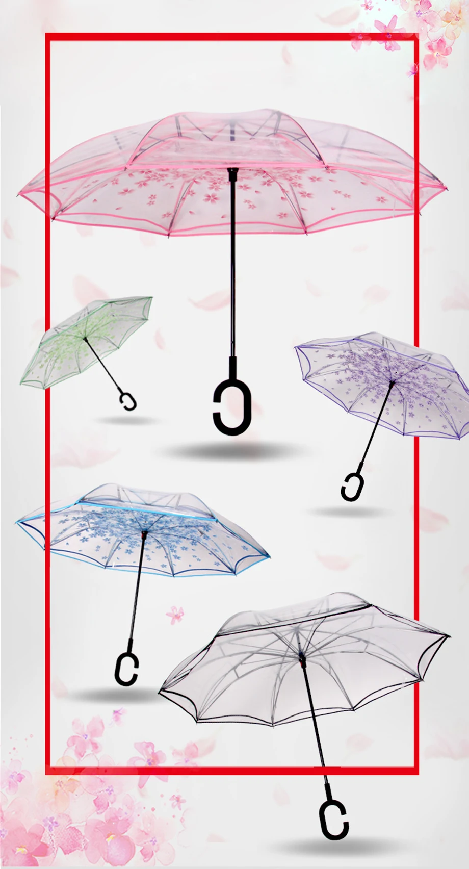 GQIYIBBEI двухслойный прозрачный обратный Зонт с c-образной ручкой Sakura, мужской перевернутый Зонт от дождя, Женский дождевик для использования в автомобиле