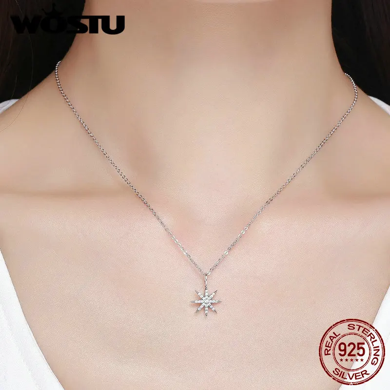 WOSTU Настоящее серебро 925 пробы Сверкающая Звезда, прозрачный CZ кулон ожерелье для женщин Роскошные ювелирные изделия подарок на день рождения CQN204
