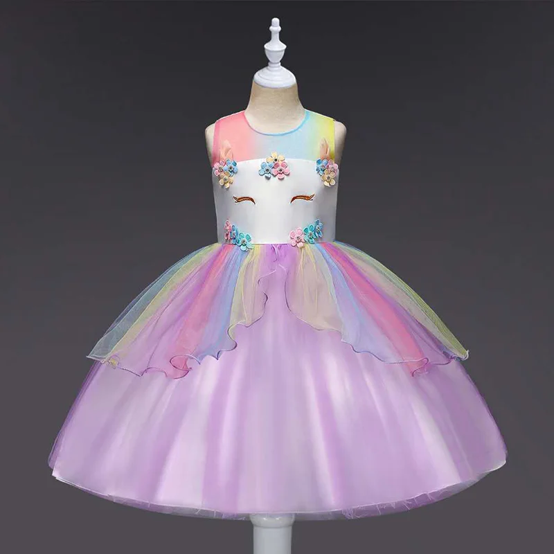 2019 Girl Unicorn Peng Rainbow Princess Children's Birthday Christmas Girl's Dress Wedding Party Детская одежда и обувь