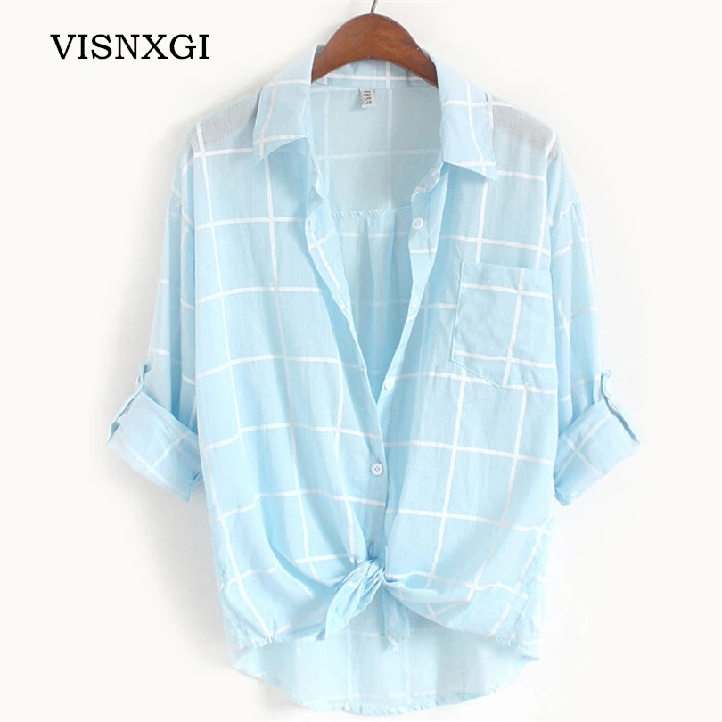Модные женские клетчатые футболки белая рубашка с рукавом плигар свободные