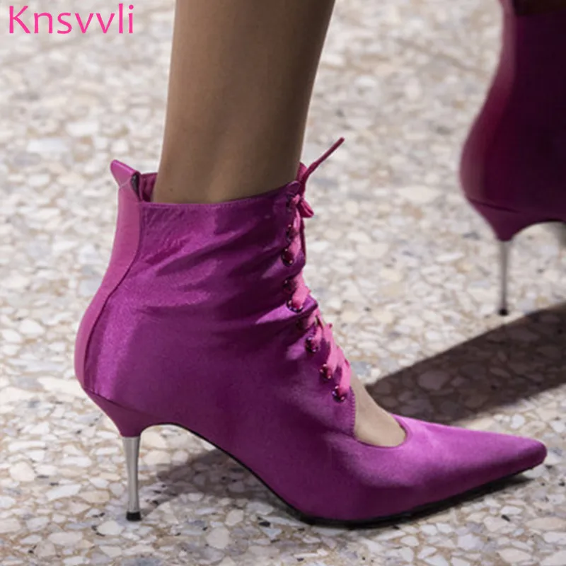 rose red satin Новинка; обувь для подиума с заклепками; яркие цвета; женские туфли на высоком каблуке с острым носком; пикантная обувь на тонком металлическом каблуке со шнуровкой; Sapato Feminina - Цвет: rose red satin