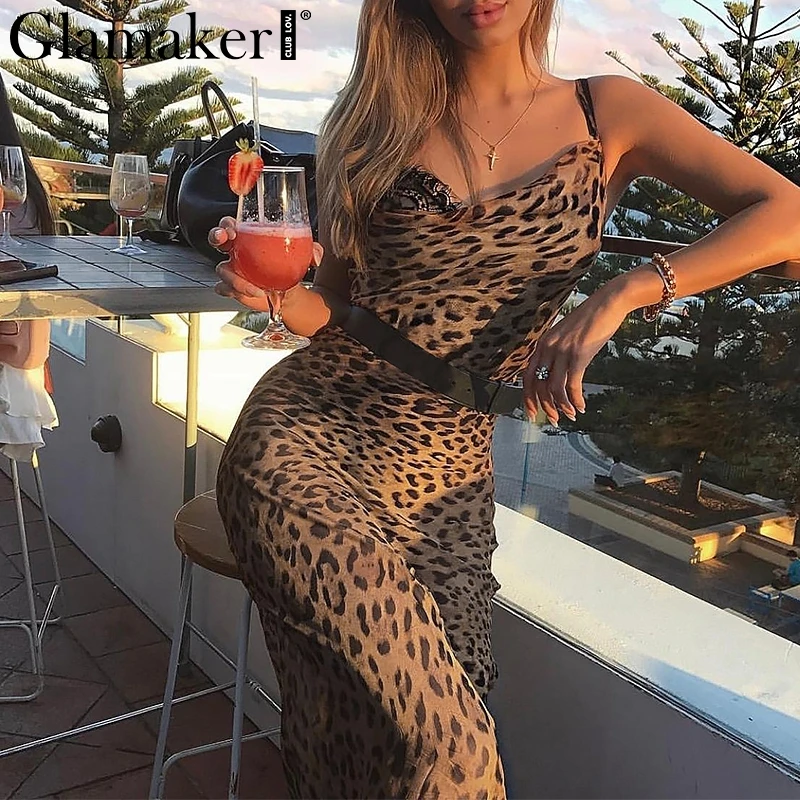 Женское платье с леопардовым принтом Glamaker летнее пляжное макси на шнуровке
