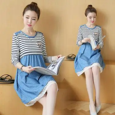 Модное хлопковое платье в горошек с длинным рукавом и полосками из денима для