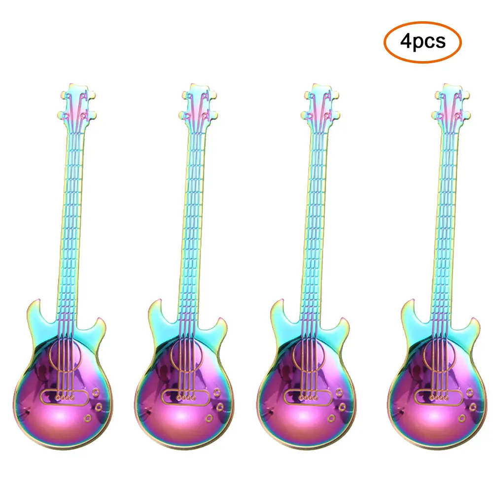 4pcs Colorful 7 шт./4 шт. Гитарный комплект кофейных ложек из нержавеющей стали, десертная ложка для мороженого, чайные ложки, кофейные аксессуары, столовые приборы, питьевые инструменты - Цвет: 4pcs Colorful