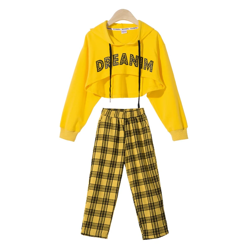 2019 детские танцевальные костюмы в стиле хип хоп желтый топ с капюшоном и длинными