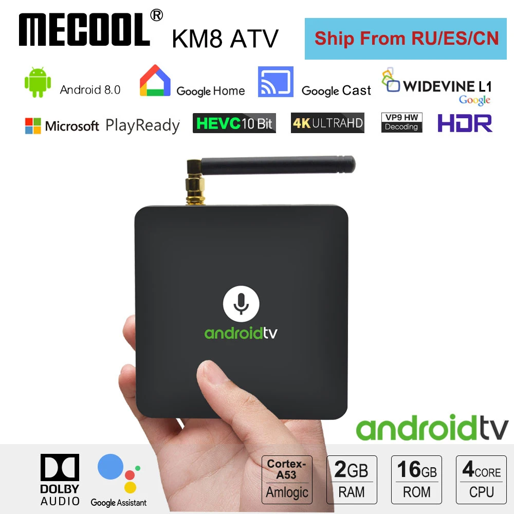 Mecool KM8 ТВ приставка Android 8,0 Голосовое управление 2 Гб 16 Гб Amlogic S905X 2,4G WiFi HDR 10 H.265 H.264 Поддержка Dolby Sound Google Cast