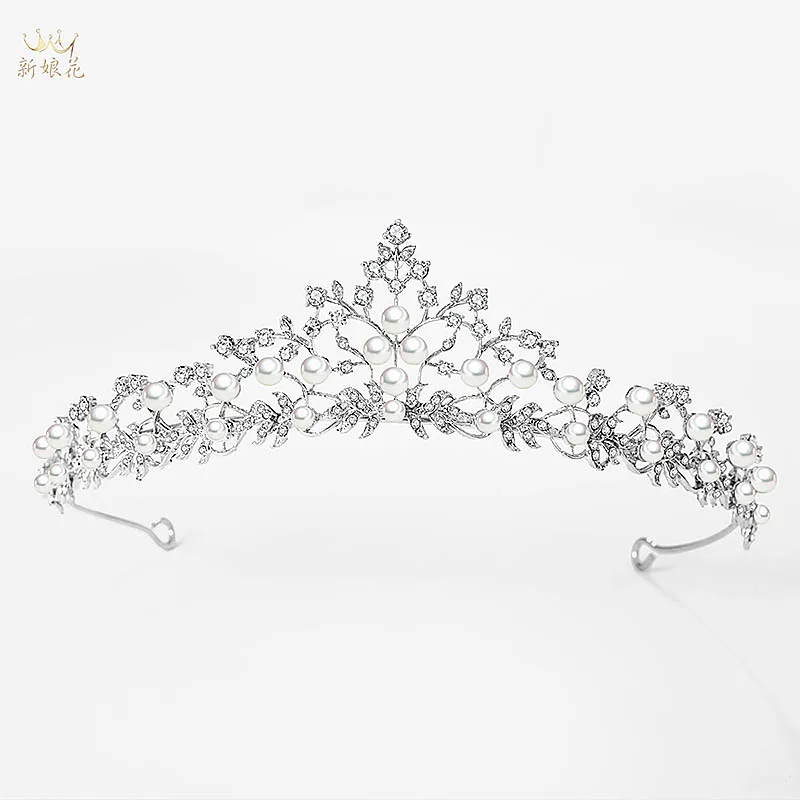 Silver Color Leaf Flower Crystal Rhinestone Diadem Cubic Zircon Pearl Tiara and Crown Wedding Bridal Hair Jewelry Accessories VL