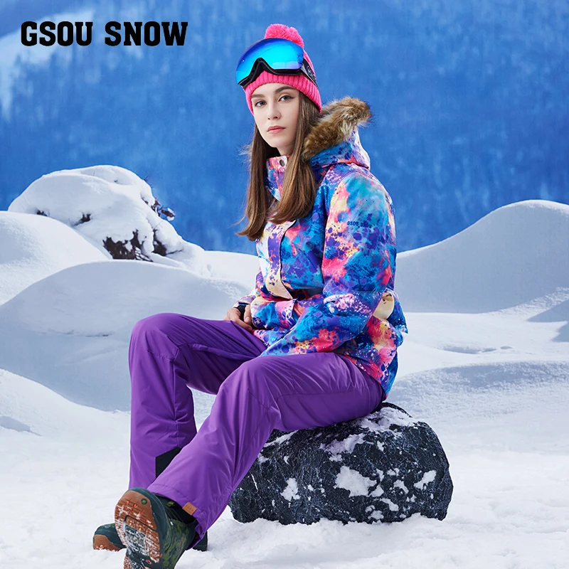 GSOU SNOW 2017 New Women's Winter Ski Suit With Hair Collar Windbreaker Warm Waterproof Breathable Jacket+Ski Pants | Спорт и