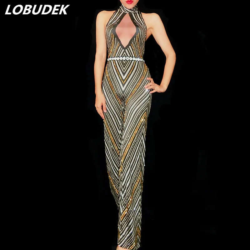 Блестящий Полосатый комбинезон стразы Женский костюм для ночного клуба с