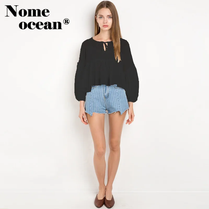 Женская блузка на шнуровке с низким высоким подметом и баской 2018 летние осенние