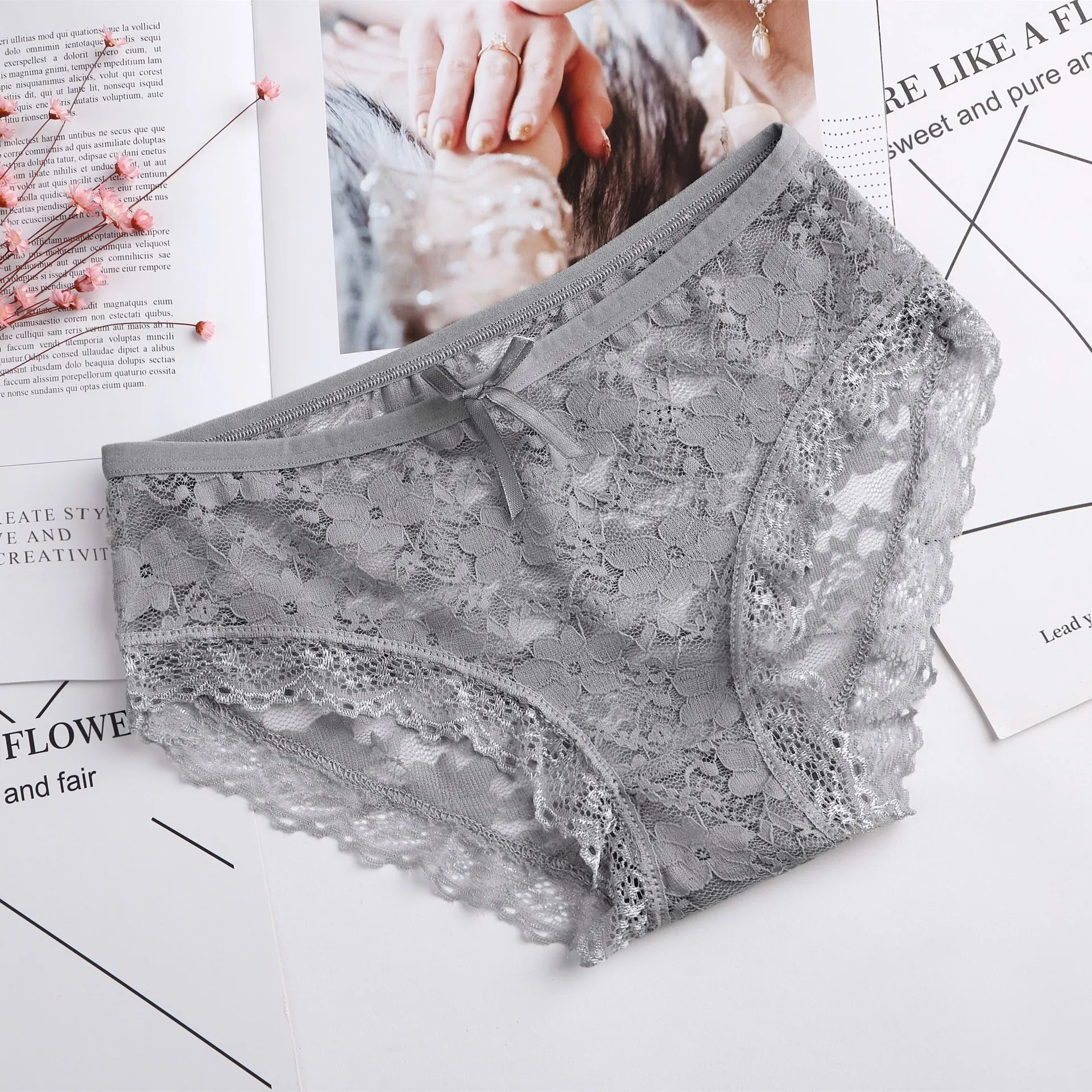 Briefs for Women Lace Cotton Sexy Lingerie Panties Girls Underwear Solid Color Bow Tie Underpants Ladies Panty Calcinha - Color: gray