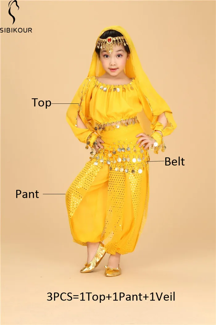 Yellow 3pcs Болливуд набор костюма для танца живота для детей Египетский восточный индийский танец живота костюм для девочек платье 120D шифон Топ Брюки - Цвет: Yellow 3pcs