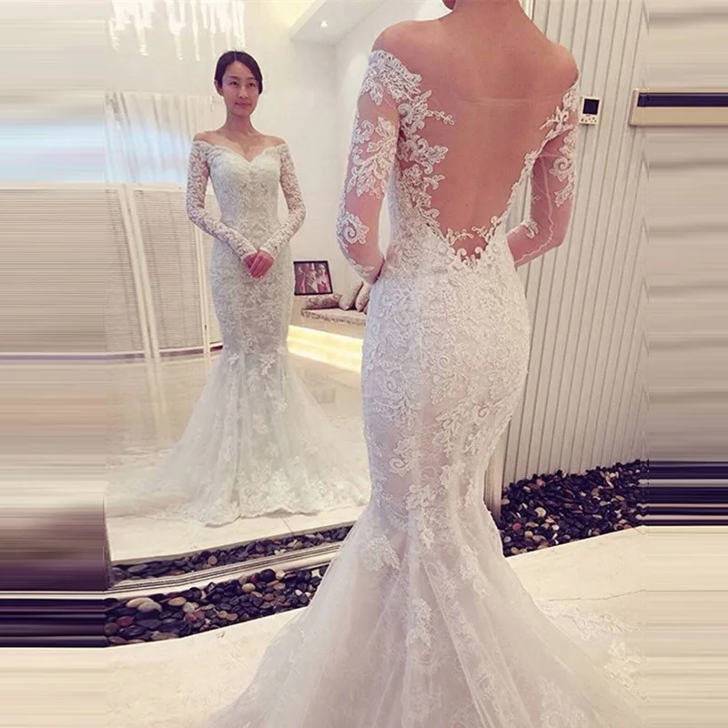 Vestidos De Boda Иллюзия спинки с открытыми плечами Русалка Свадебные платья длинными