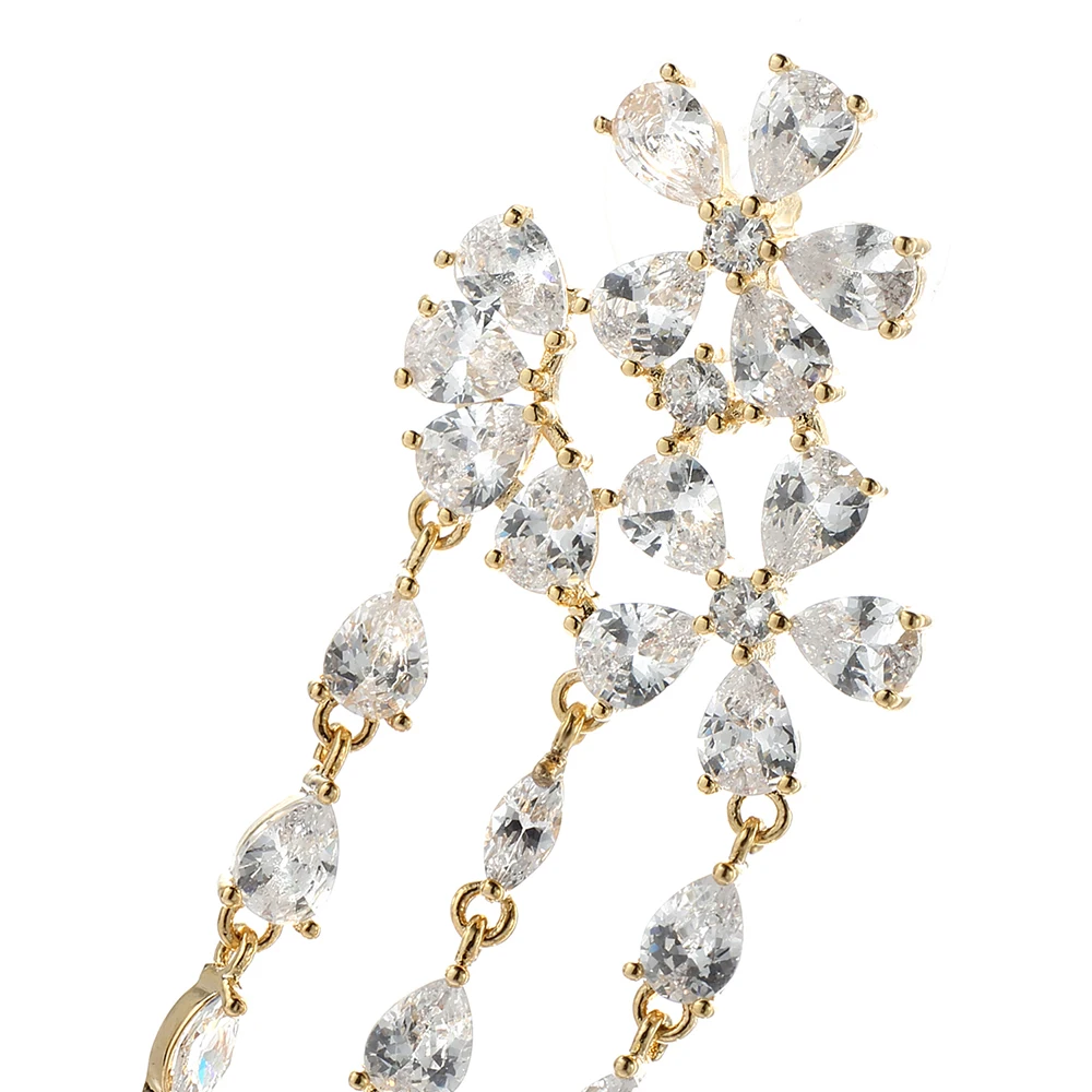 Женские длинные висячие серьги с фианитом AAA + цветком и цветочной кисточкой