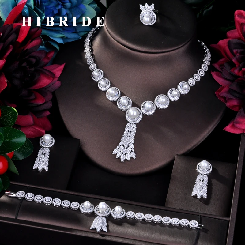 

HIBRIDE Luxury 4pcs Bridal Big Pearl Jewelry Sets For Women Party Wedding Accessories Dubai Bangle Earring Jewelry N-766