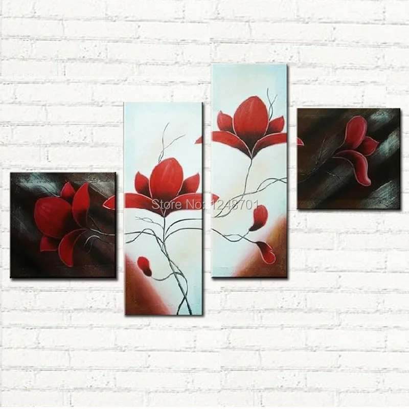 

4 Panels Modern Abstract Acrylic Flower red Magnolia Painting On Canvas Modern Decoration Wall Art