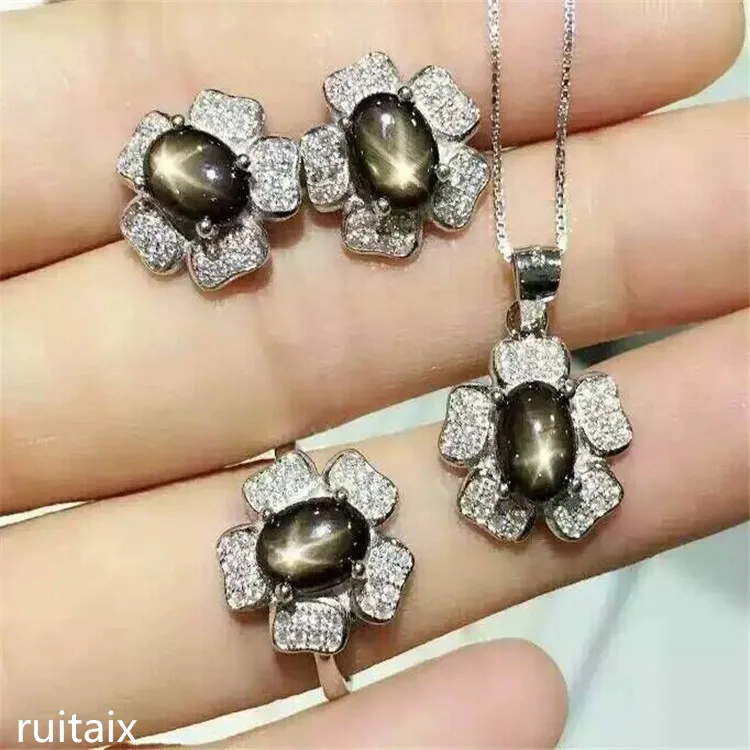 

KJJEAXCMY boutique jewels 925 Pure silver inlay natural star sapphire alloy necklace + pendant + ring female orchid set