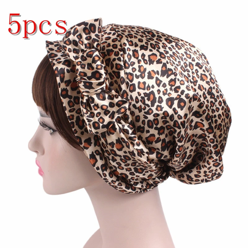 5pcs Leopard 1/2/5/10 шт Мягкий шелк душ Кепки s ночного сна душ Кепки Регулируемый ухода за длинными волосами капота тюрбан шапка аксессуары 58 см - Цвет: 5pcs Leopard