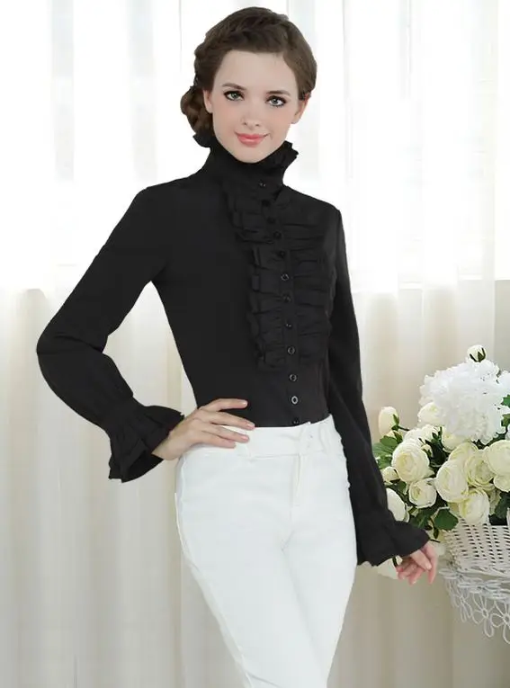 Women Victorian inspired Blouse Long Sleeve Stand-Up Collar Lotus Ruffle Shirts only white and black available |