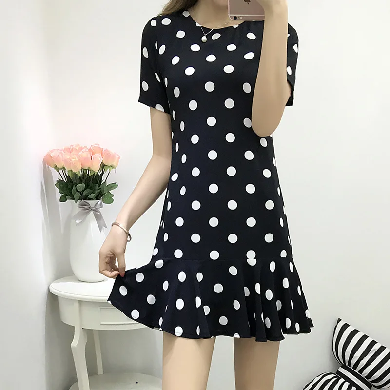 

Летнее женское элегантное платье с рыбьим хвостом, женское платье с короткими рукавами, черно-белое шифоновое мини-платье в горошек, больши...