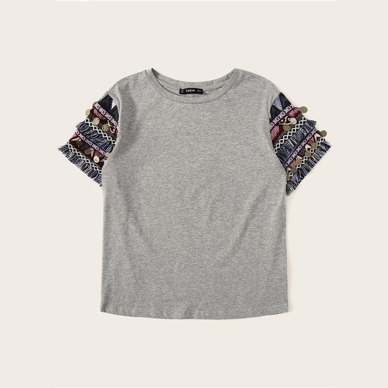 SHEIN, народный стиль, бахрома, отделка, Heathered Tee, Повседневная футболка, женская,, летняя, короткий рукав, эластичная, Boho, Милая футболка, топы