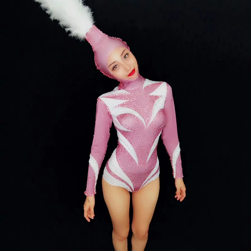 Новый сексуальный розовый костюм кошка Zentai Стразы с головой танцевальный для