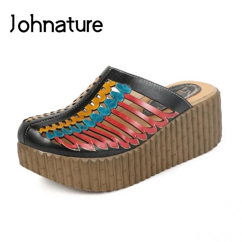 

Johnature Genuine Leather Mixed Colors Slippers National Style Summer Outside Platform Sandals Wedges Casual Slides Women Shoes