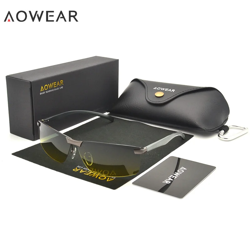 AOWEAR, день, ночь, водительские солнцезащитные очки, мужские, поляризационные, ночное видение, желтые очки, мужские, алюминиево-магниевые очки, солнцезащитные очки, чехол