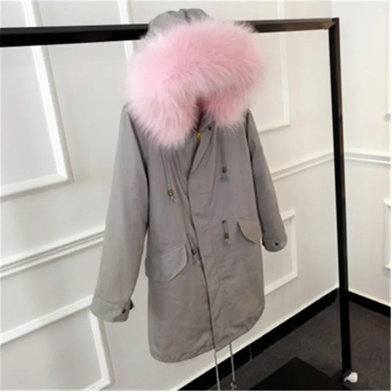 

UHYTGF Winter Fox raccoon hair Liner parka Women Fur collar hooded Jacket Warm coats High quality Faux fur Windbreaker Coat 942