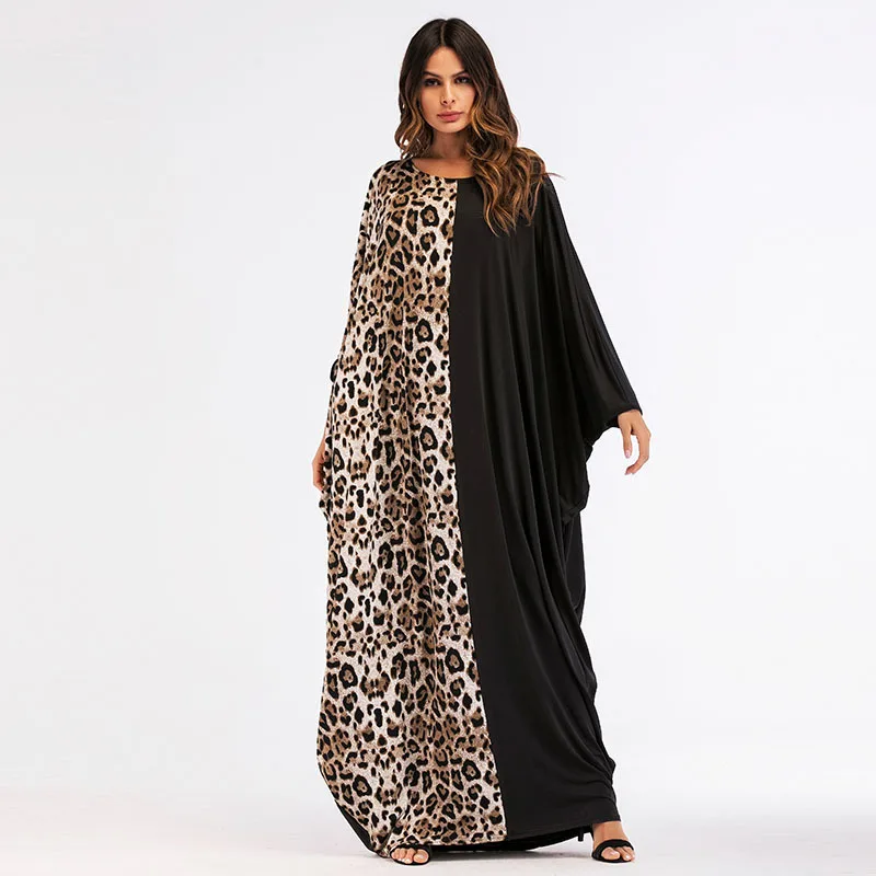 

Leopard Print Bat Sleeve Dubai Abaya Muslim Women Long Dress Robe Vintage Maxi Size Kimono Islamic Clothes 7014
