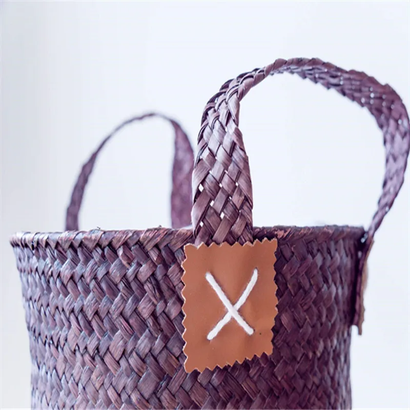 Круглая корзина из не ротанга с ручкой Процесс вязания водорослей натуральная