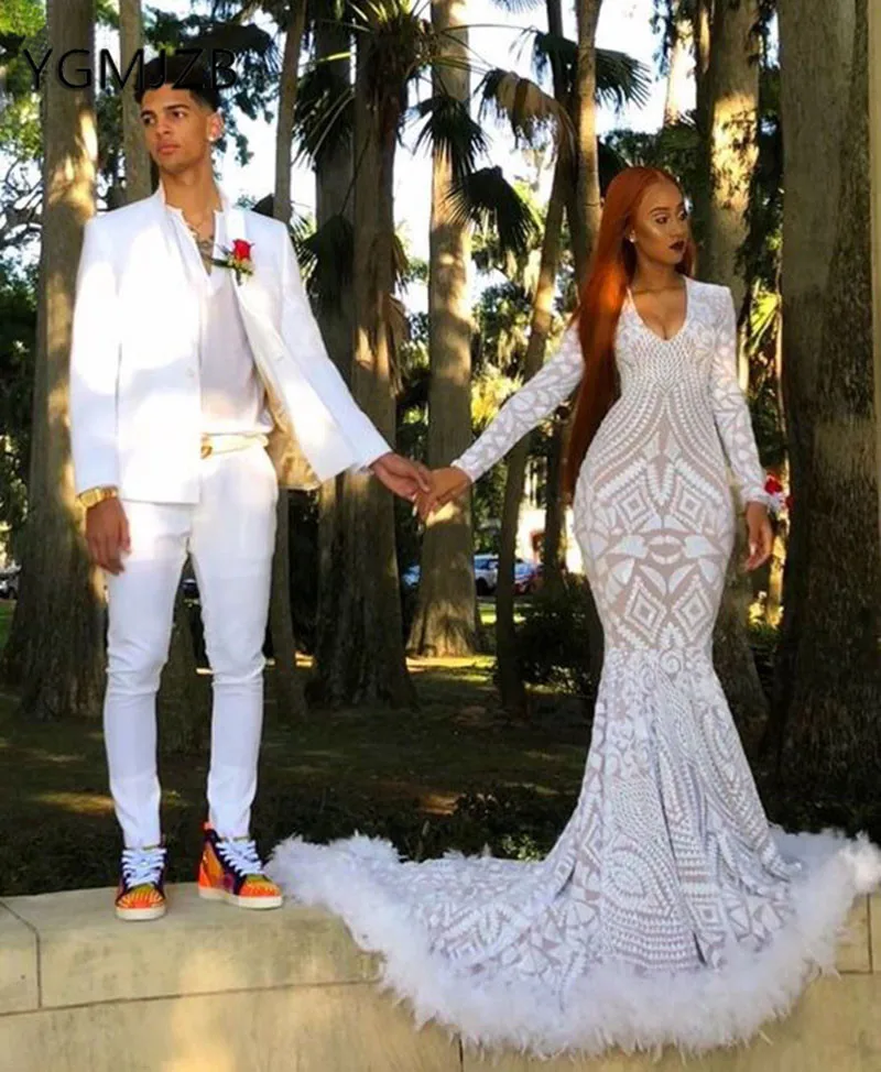 

White Mermaid Prom Evening Dresses Luxury Long Sleeve V Neck Sequin Feathers African Women Formal Evening Gown for Wedding