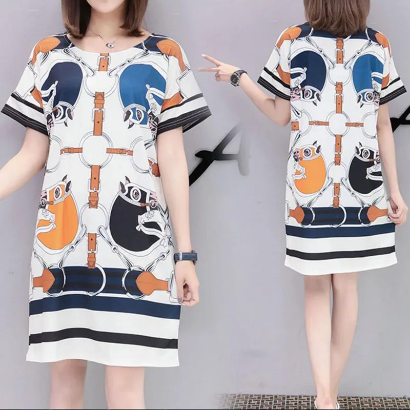 A4 Fashion Summer Oversized Loose Dress Women Plus Size O Neck Half Sleeves Printed Casual T Shirt Dress Streetwear Mini Dress - Цвет: A4
