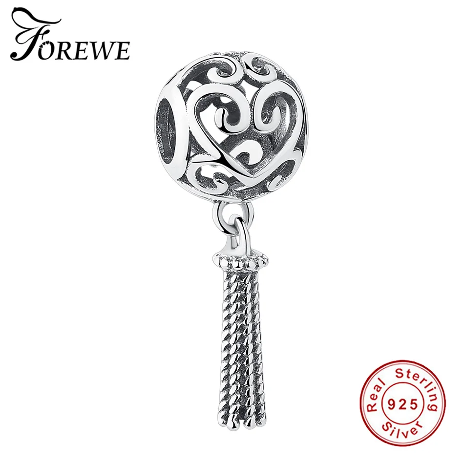 FOREWE 925 пробы серебряный шарм ажурное сердце с длинной кисточкой кулон бусины